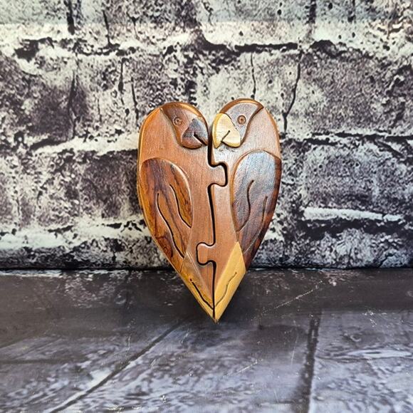 Vintage Carved Wooden Puzzle Box Two Parrots Jewelry Stash Box - Picture 1 of 9